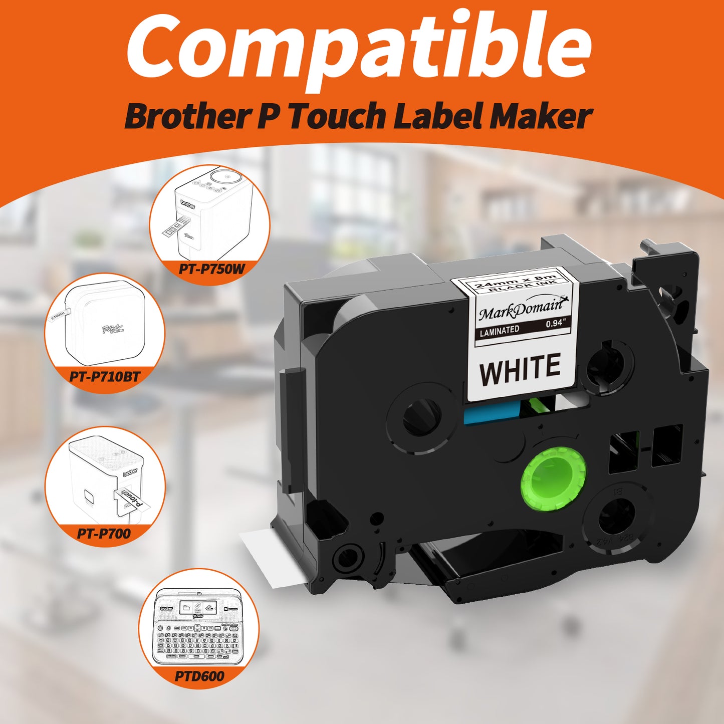 MarkDomain 10 Pack 24mm Label Tape for Brother PTouch TZ Tape 24mm 0.94 Laminated White TZe251 TZ-251 1 Inch, Compatible with Brother PT-D600 PT-D610BT PT-P710BT Label Maker