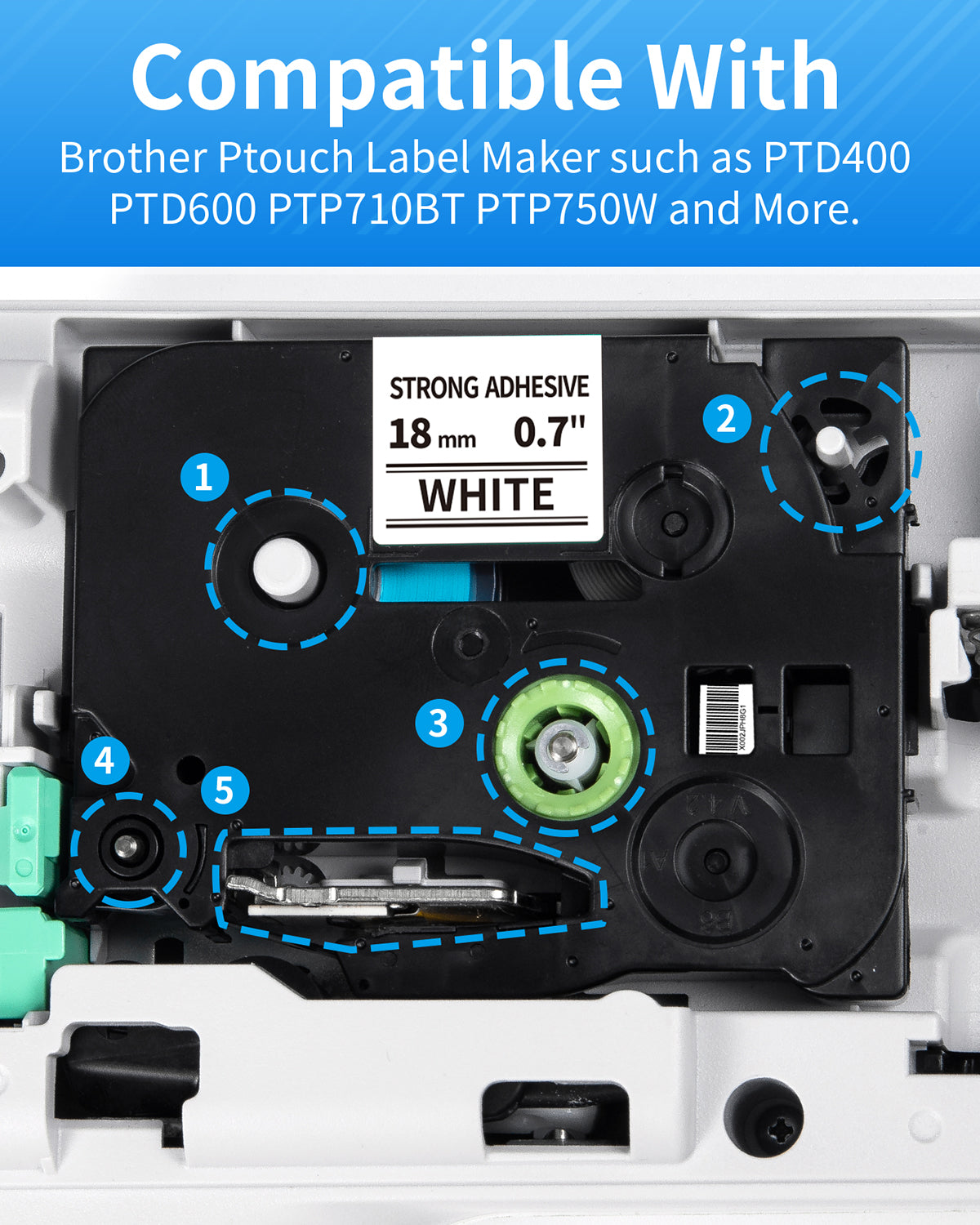 Compatible TZ Tape 18mm 0.7 Laminated Compatible for Brother P Touch 3/4 Inch Label Tape (Black on White/Red/Blue/Yellow/Green) for PTouch PTD400, PTD600, PTD400AD PTP700 Label Maker, 5-Pack