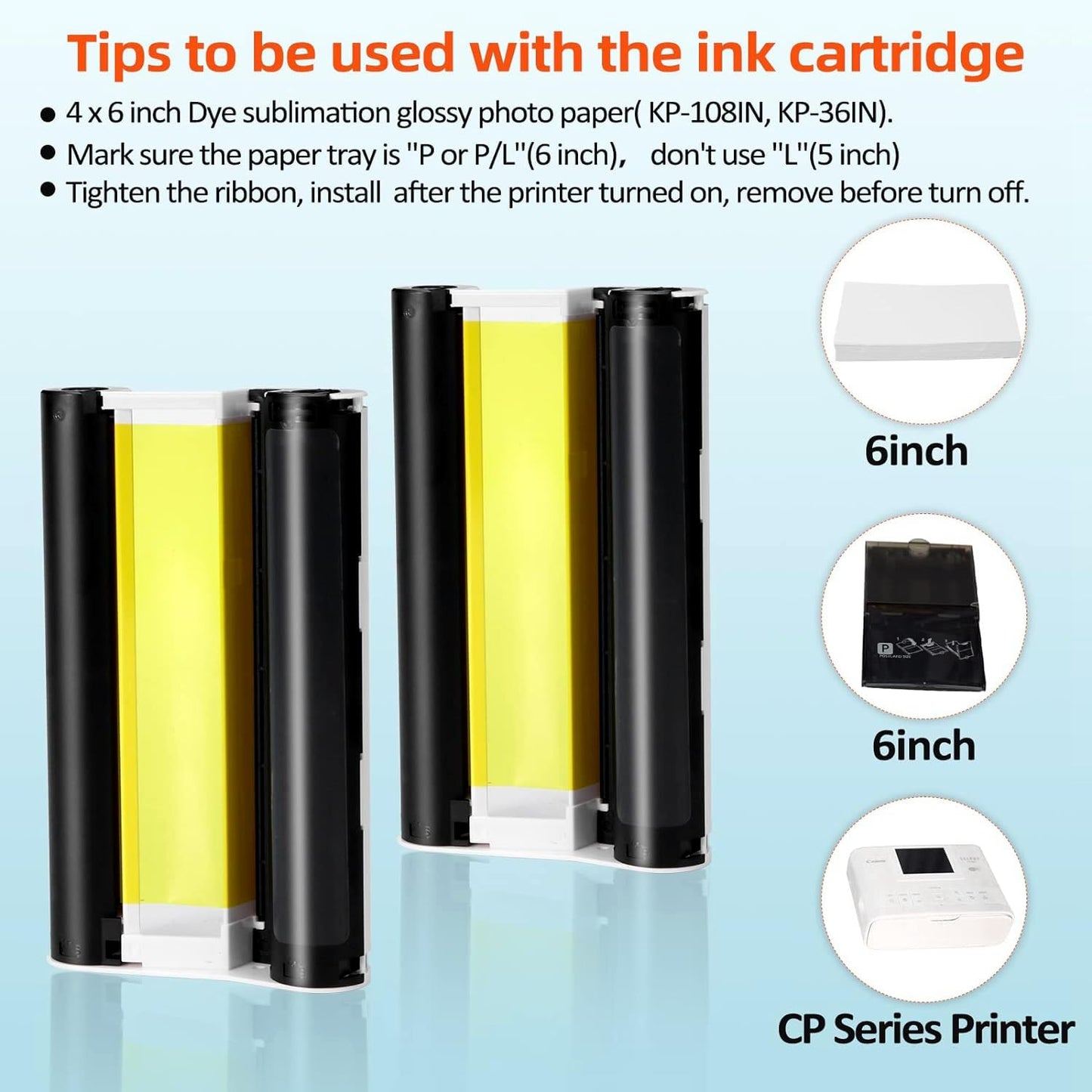 2-Pack Compatible Ink Cartridges Replacement for Canon Selphy KP-108IN KP-36IN Color Ink Cassette 4 x 6, for Selphy CP1500 CP1300 CP1200 CP1000 CP Photo Printers, 100 x 148mm (Without Paper)