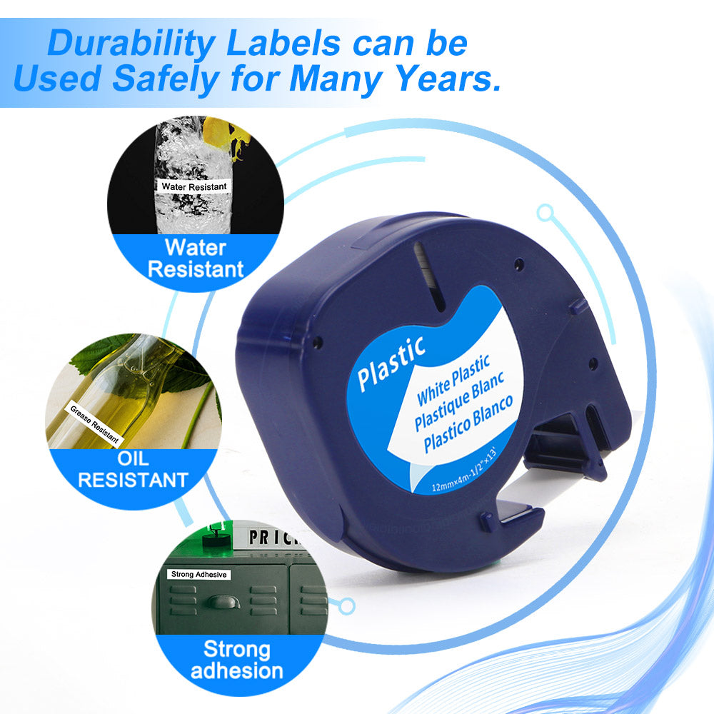 MarkDomain Replacement for DYMO Letratag Label Maker Refills Plastic Label Maker Tape, Compatible with Dymo LT-100H LT-100T QX50 XR 200B, Black on White/Clear/Yellow/Red/Green/Blue, 12mm x 4m, 6-Pack