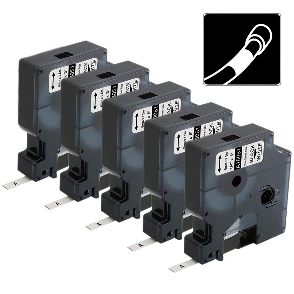 Compatible Labels Replacement for DYMO Industrial 18051 Heat Shrink Tube 1/4 Inch Black on White Label Use with DYMO Rhino 4200, 5200, 5000, 6000 Industrial Label Maker, 1/4" x 4.9',5-Pack