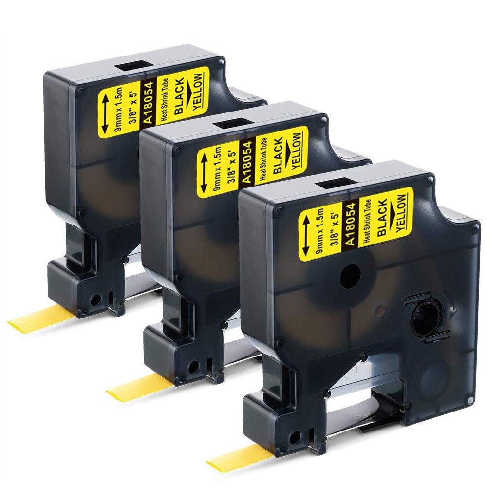 Compatible Labels Tape Replacement for DYMO 18054 Heat Shrink Tube, Use with DYMO Rhino 5200 4200 5000 6000 Industrial Label Maker (Black on Yellow, 3/8" x 4.9'),3-Pack
