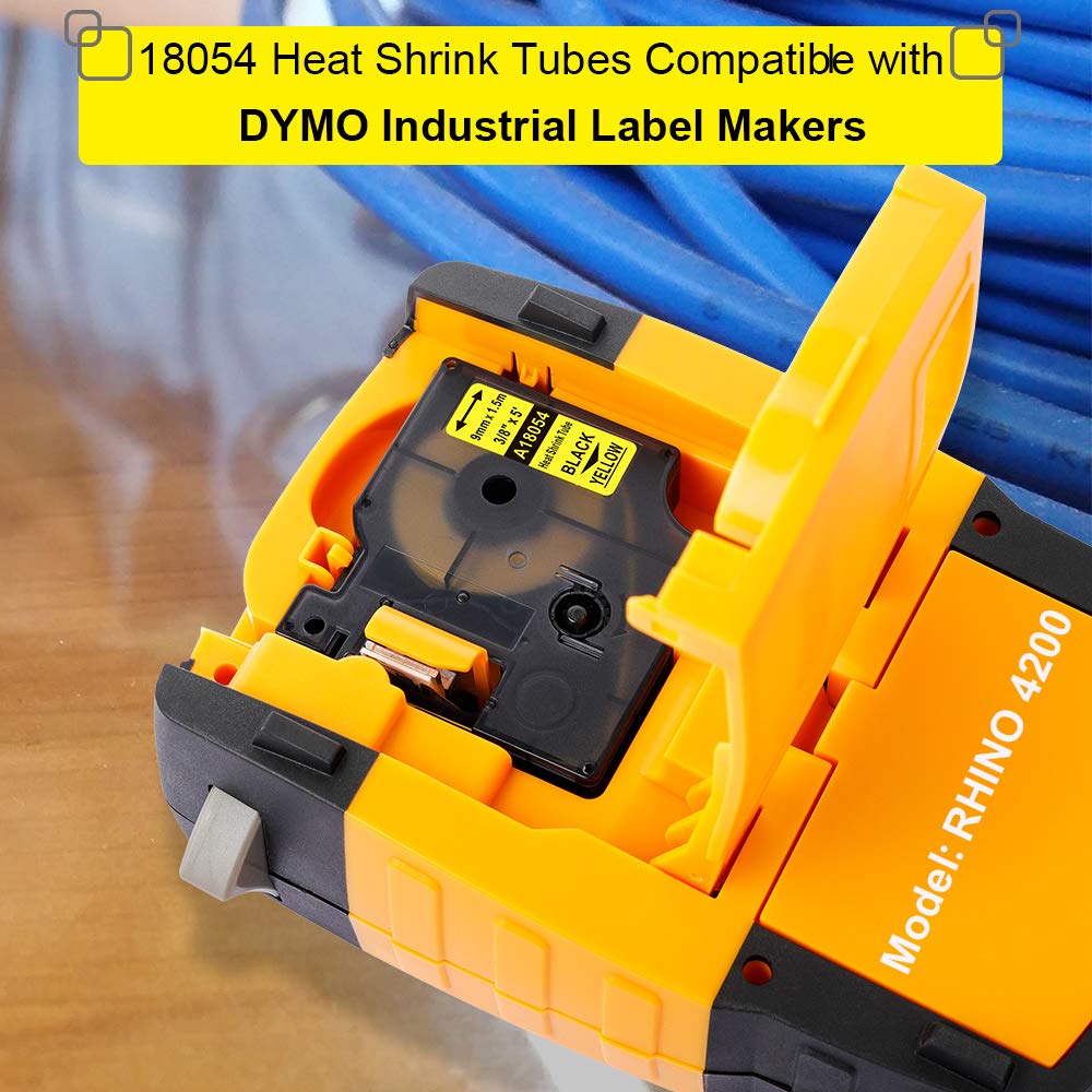 Compatible Labels Tape Replacement for DYMO 18054 Heat Shrink Tube, Use with DYMO Rhino 5200 4200 5000 6000 Industrial Label Maker (Black on Yellow, 3/8" x 4.9'),3-Pack