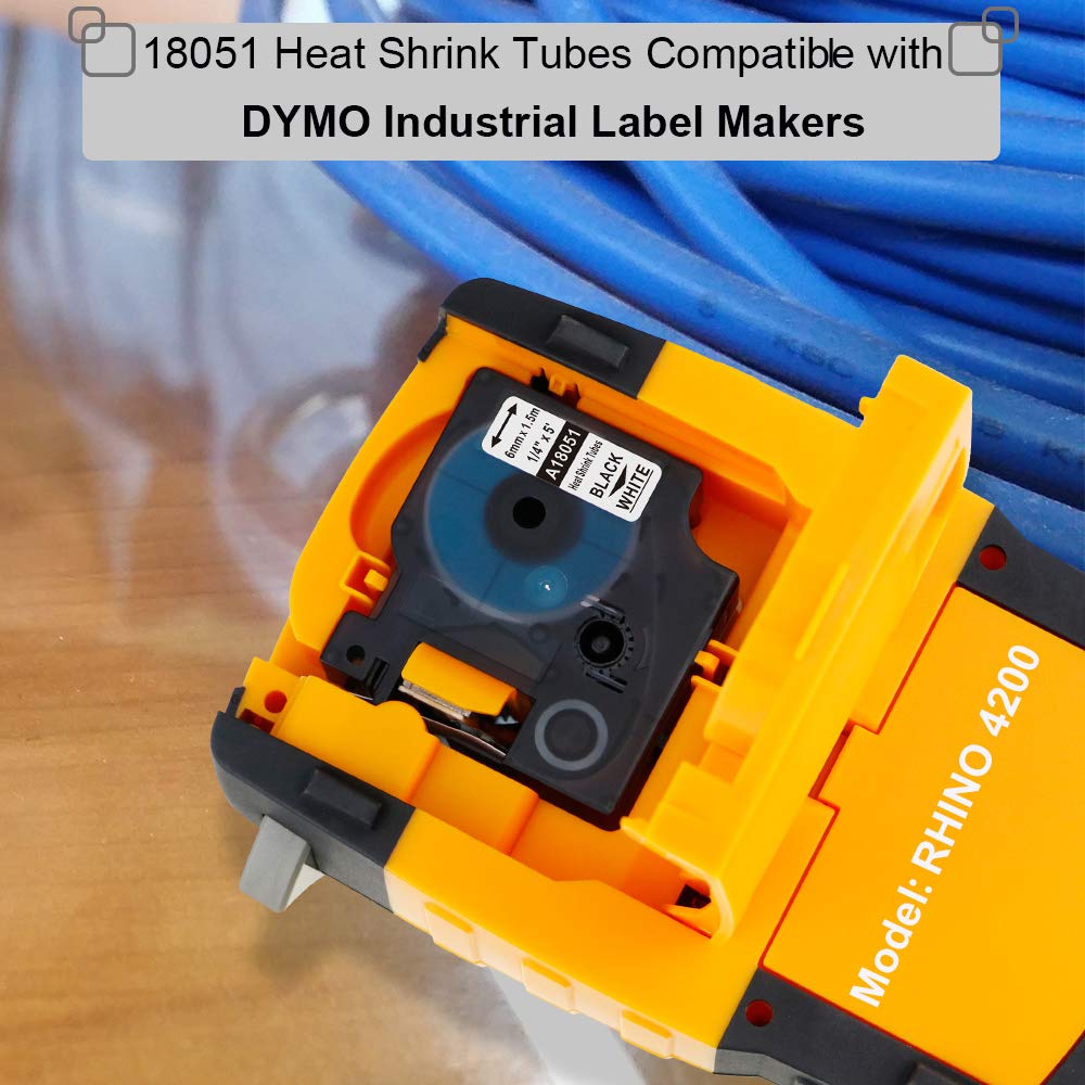 Compatible Industrial Heat Shrink Tube Labels Replacement for DYMO 18051, 1/4” Tube for DYMO Rhino 5200 4200 5000 6000 Label Maker (Black on White, 1/4" x 4.9'),10-Pack