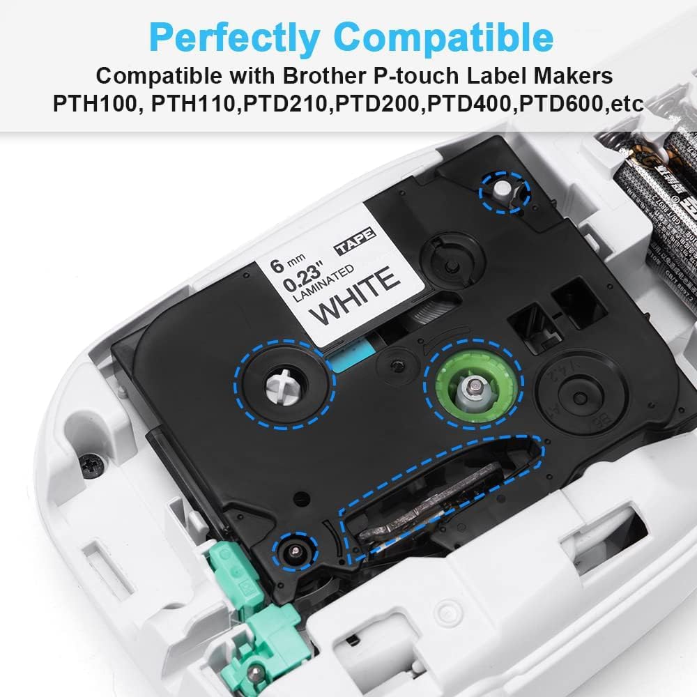 MarkDomain 6mm Label Tape TZe-211 Replacement for Brother P Touch TZe TZ Tape 6mm 0.23 Laminated White Label Tape TZe211 TZ-211 for Brother PT-D210 H110 D600 PTD400AD 1230PC, 1/4" x 26.2', 4-Pack