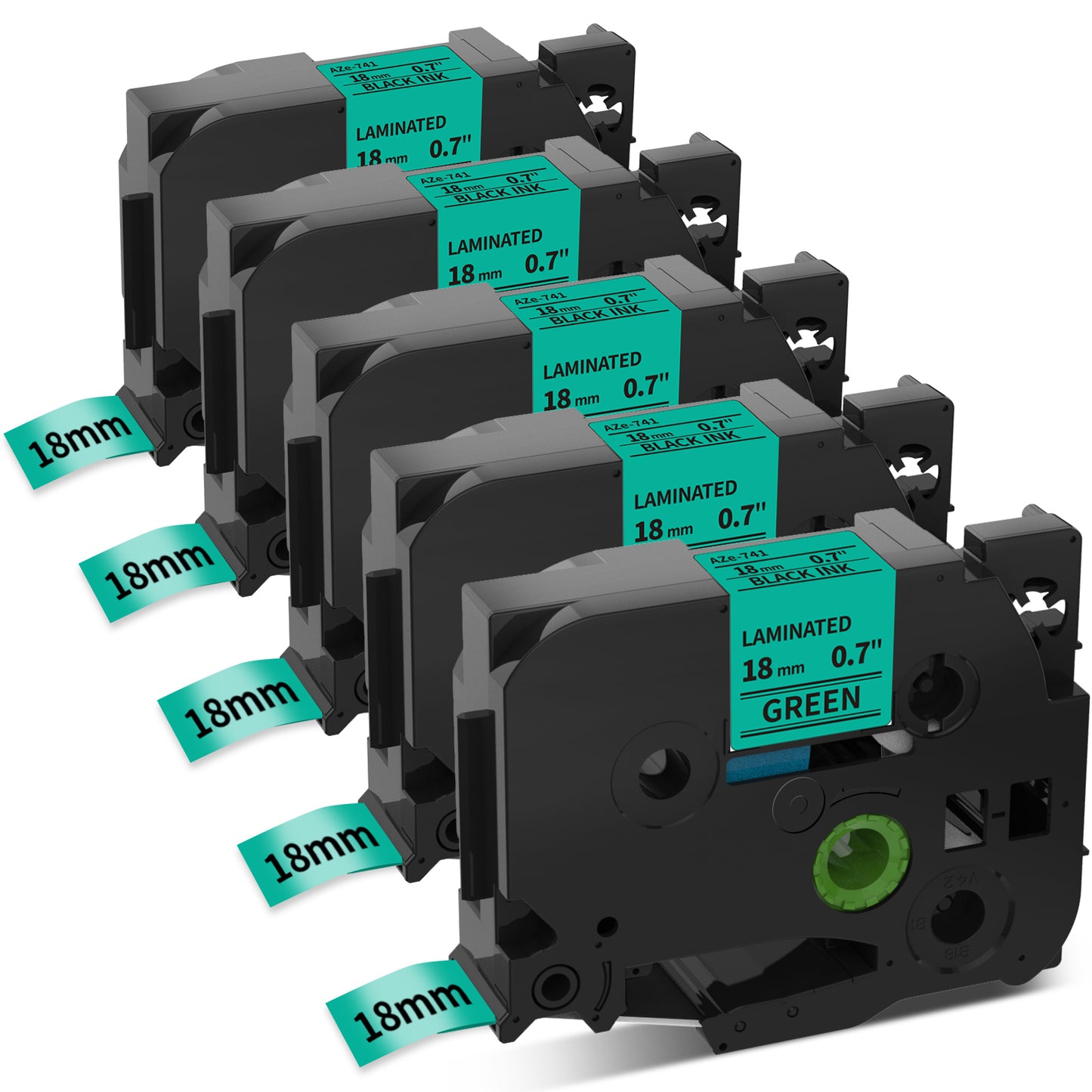 MarkDomain TZe741 Compatible Brother P Touch Laminated TZe TZ Tape 18mm x 8m (TZe-741 Black on Green) - Work with PTD400AD PTD400 PTD600 PT1880 PT2730 Label Maker - 5-Pack