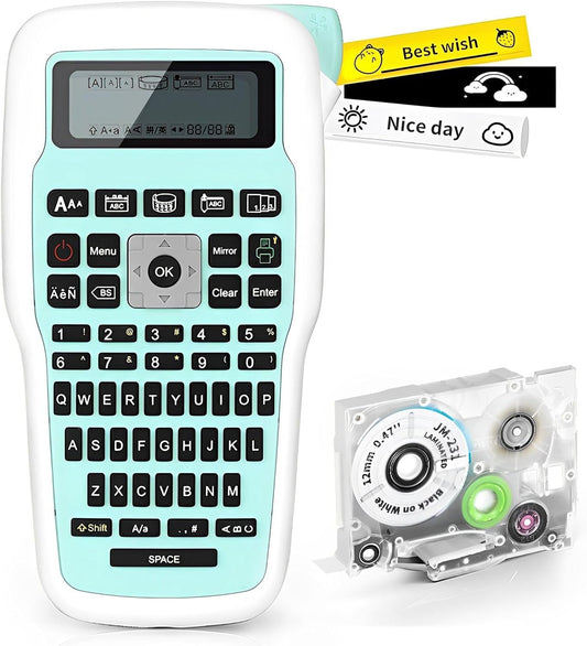 MarkDomain Handheld Label Maker - Portable Label Printer with Keyboard, E1000 Labeler with Laminated JM-231 Label Tape, Multiple Symbols for Home Office School Organization, Green