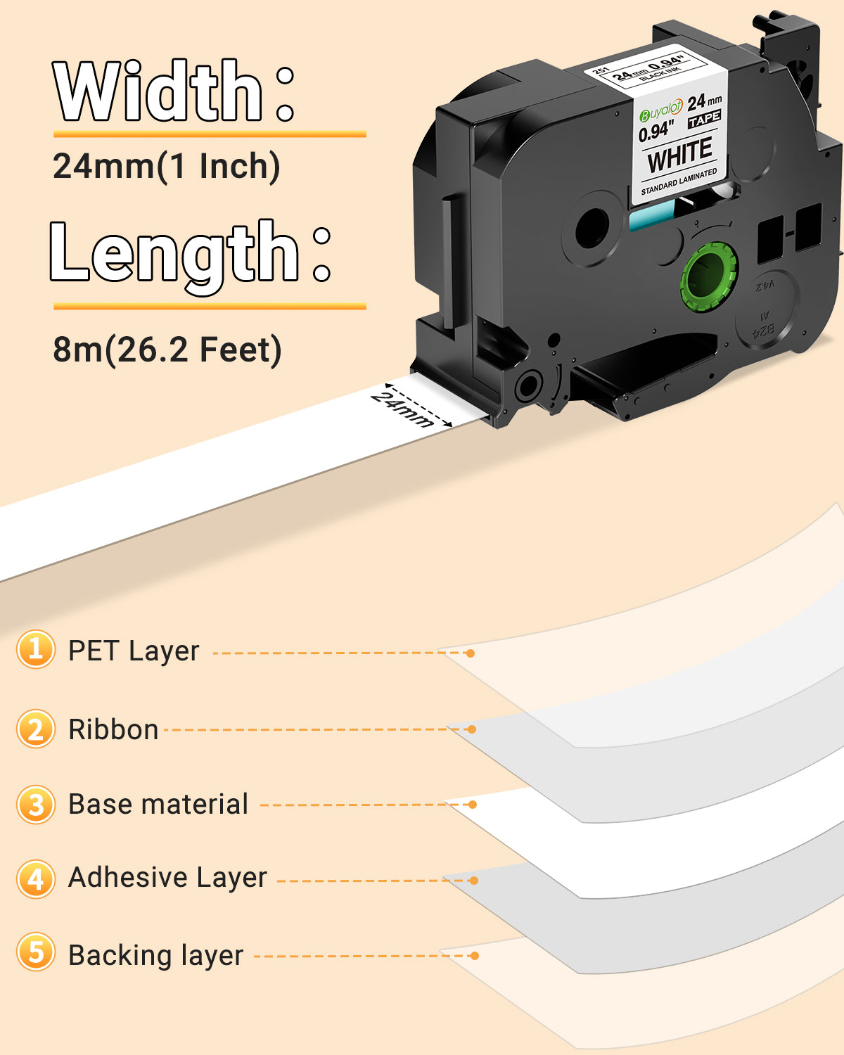 8-Pack TZe-251 TZe TZ Label Tape 24mm Compatible Brother P Touch tz Tape 24mm 0.94 Laminated white1 Inch Label Tape for Brother PTouch TZe251 for Brother Ptouch PTD600 PT-P710BT PTP750W