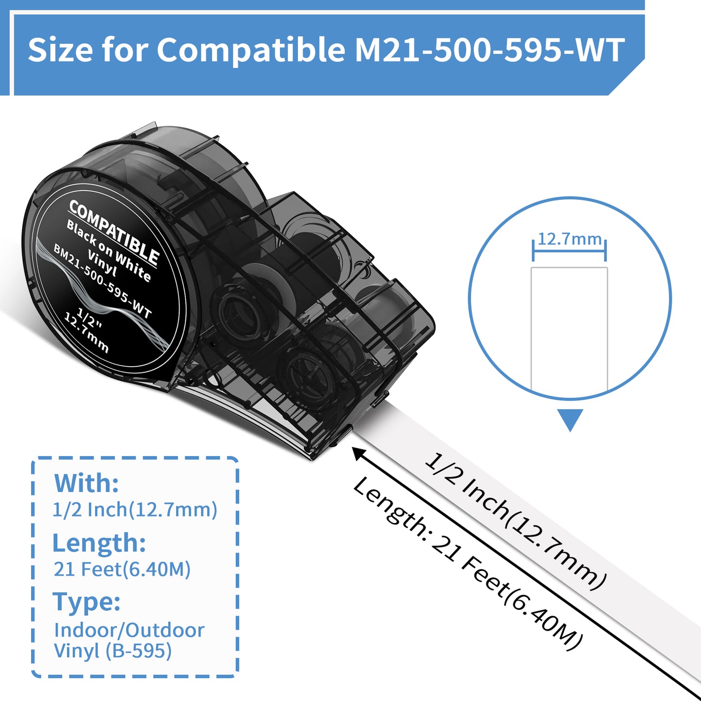 MarkDomain Compatible M21-500-595-WT 1/2 Inch All-Weather Vinyl Black on White Label Tape Work with BMP21-PLUS, BMP21-LAB0, M210, M211, M210-LAB, IDPAL, LABPAL Label Printer, 0.5" Width, 2-Pack