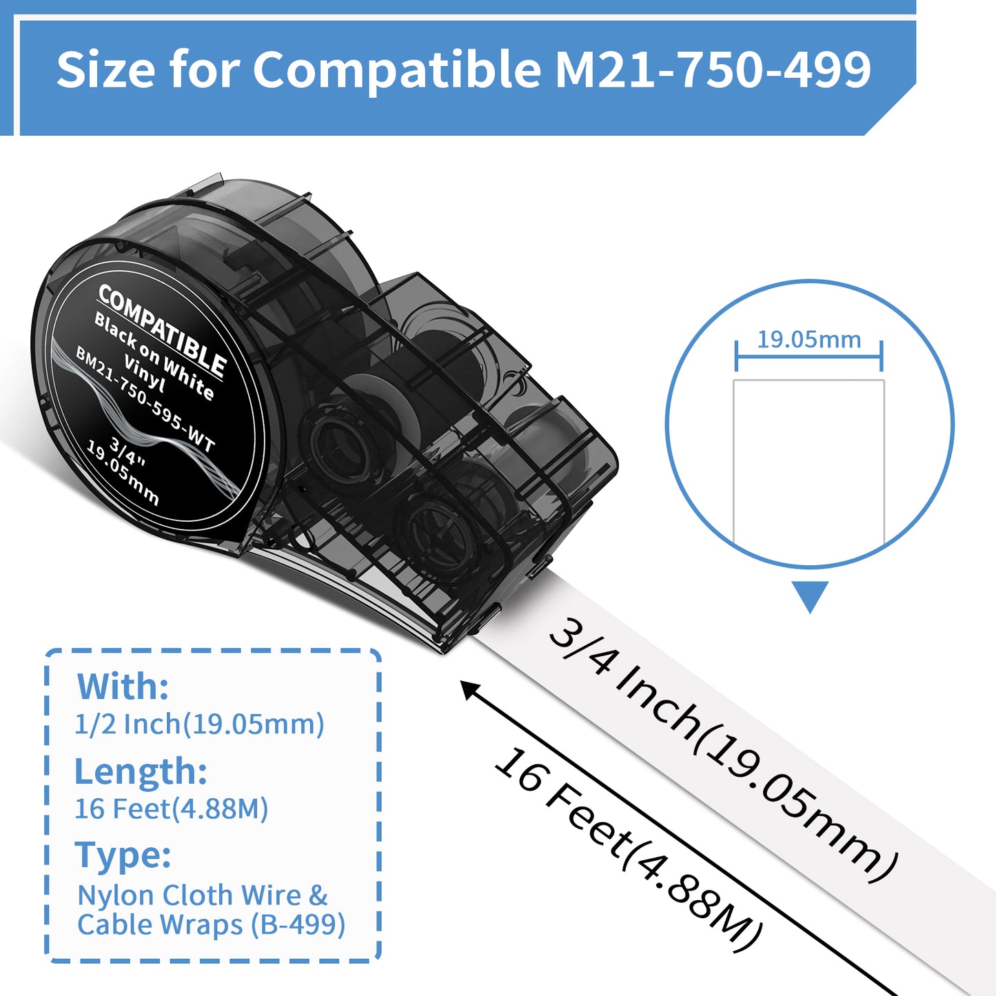 MarkDomain Compatible M21-750-499 3/4 Inch Black on White Muti-Purpose Nylon Label Tape Work with BMP21-PLUS, BMP21-LAB0, M210, M211, M210-LAB, IDPAL, LABPAL Label Printer, 0.75" Width, 2-Pack