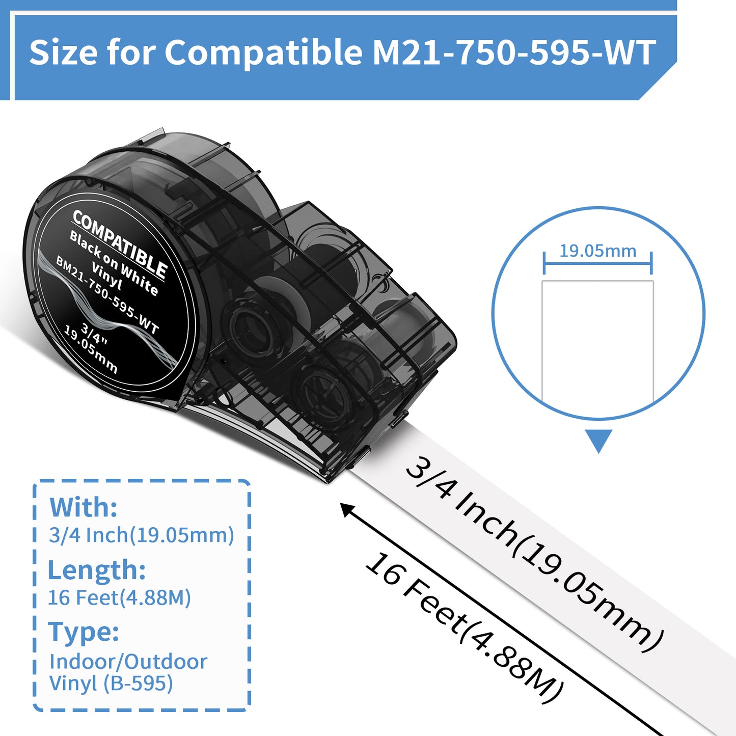 MarkDomain Compatible M21-750-595-WT 3/4 Inch Black on White All-Weather High Adhesion Tape for Indoor/Outdoor Work with BMP21-PLUS, BMP21-LAB0, M210, M211, M210-LAB Label Printer, 0.75" Width, 2-Pack