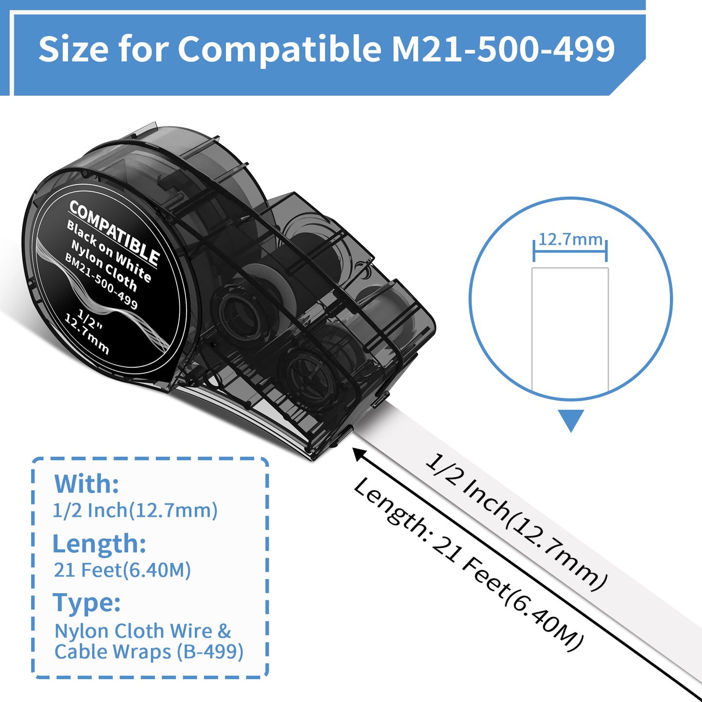 MarkDomain Compatible M21-500-499 1/2 Inch Muti-Purpose Nylon Label Tape Work with BMP21-PLUS, BMP21-LAB0, M210, M211, M210-LAB, IDPAL, LABPAL Label Printer, 0.5" Width, Black on White, 2-Pack