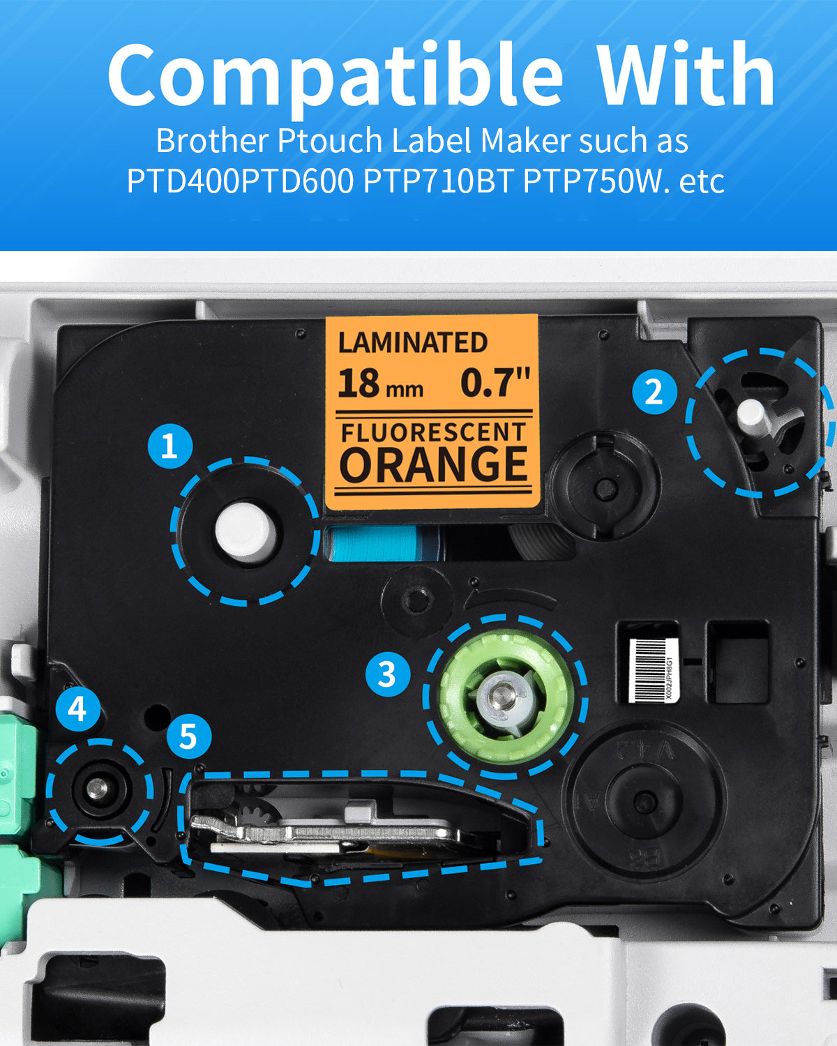 MarkDomain 18mm x 8m Orange Label Tape TZe B41 Replacement for Brother P Touch Tz TZe-B41 Laminated 3/4 Inch Label Maker Tape Work with Brother PTD410 PT-D400 PT-D610BT PTD600, 8m, 5-Pack