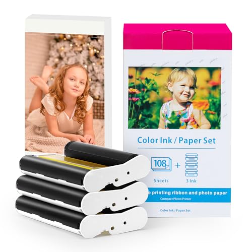 Compatible Canon Selphy CP1300 Ink and Paper, KP-108IN 4x6 Inch Photo Paper Glossy for Selphy CP1500 CP1300 CP1200 CP1000 CP910 CP900 Photo Printers, 108 Sheets Photo Paper and 3 Color Ink Cartridges