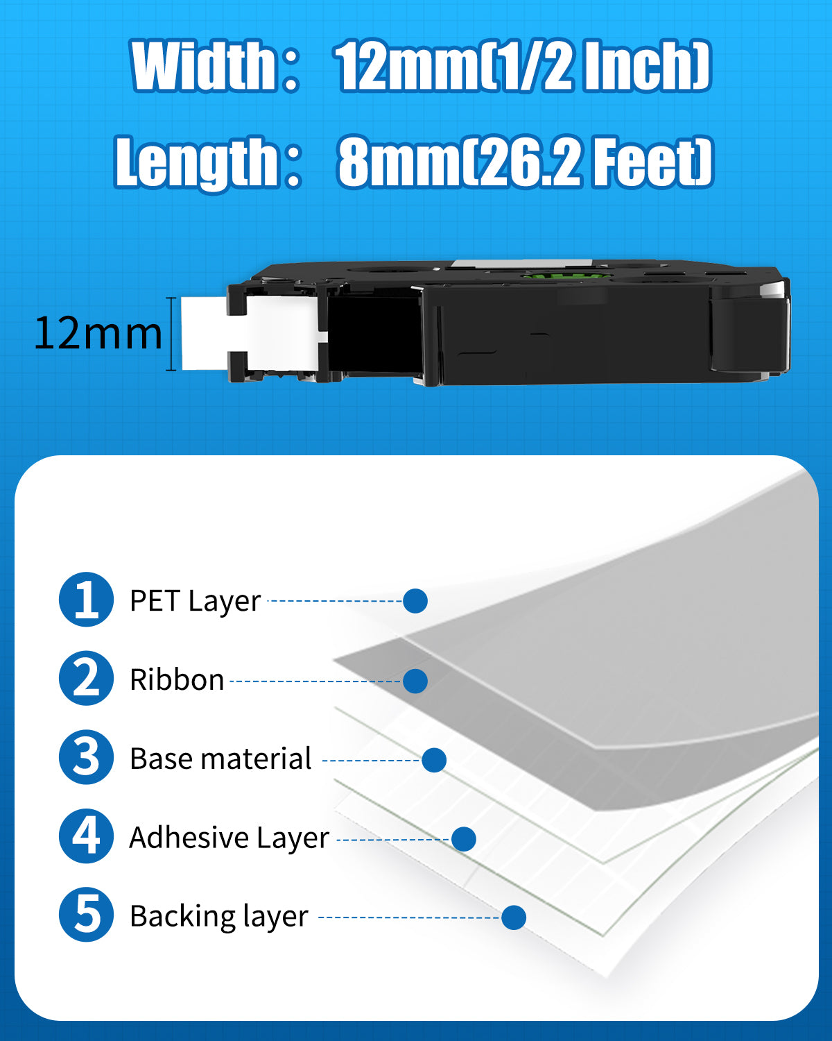 6-Pack 12mm 0.47 Inch Laminated Clear Label Tape Compatible12mm 0.47 TZ-131 P Touch Black on Clear Laminated Tape for Brother PT-D210 H110 D600 D200 Label Maker, 0.47" x 26.2'(12mm x 8m)