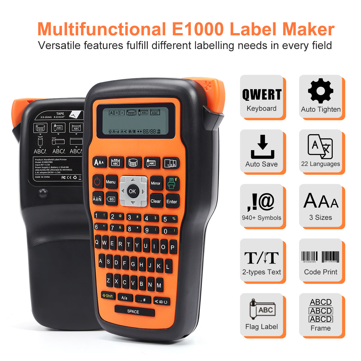 MarkDomain Cable Label Maker Machine E1000 Wire Label Maker with Label, QWERTY Keyboard, One-Touch Keys, Labeler for Construction, Easy to use for Home/Office/Industrial Labeling Jobs, Orange