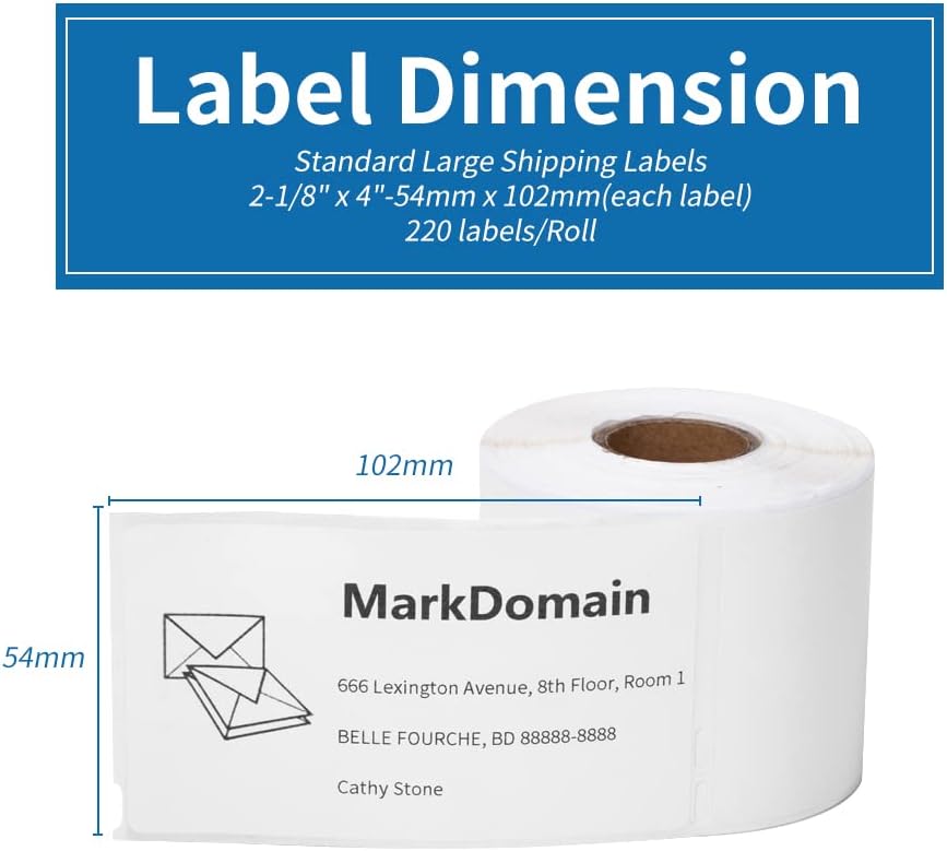 MarkDomain 8 Rolls Compatible Dymo 30323 (2-1/8" x 4") Paper Roll, Shipping/Adress Label for DYMO Label Writer 450, 4XL, 450 Duo/Turbo Label Printers, 1 roll of 220 (54mm x 102mm)