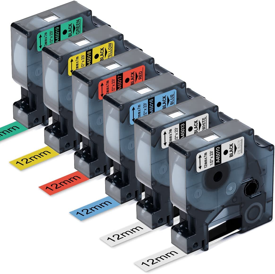 MarkDomain Compatible Label Tape Replacement for DYMO D1 12mm for LabelManager 280 160 PnP 360D 210D Label Maker Tape, 45013 45010 45016 45017 45018 45019, 1/2 Inch x 23 Feet, 6-Pack