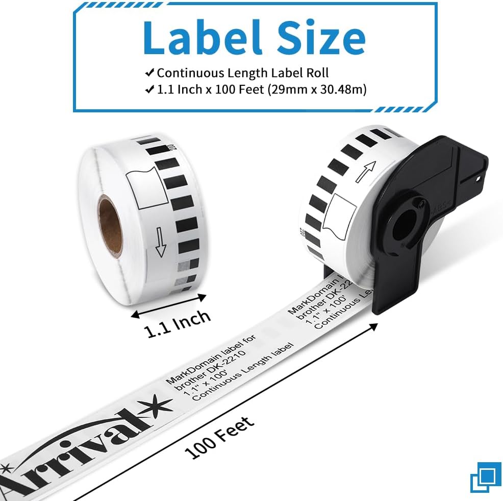 MarkDomain - DK-2210 Label Compatible Brother Continuous Length 1.1" x 100' White Paper Tape Roll (29mm x 30.4M) Work with QL-810W QL-820nwb Printers - 10 Rolls + 1 Frame