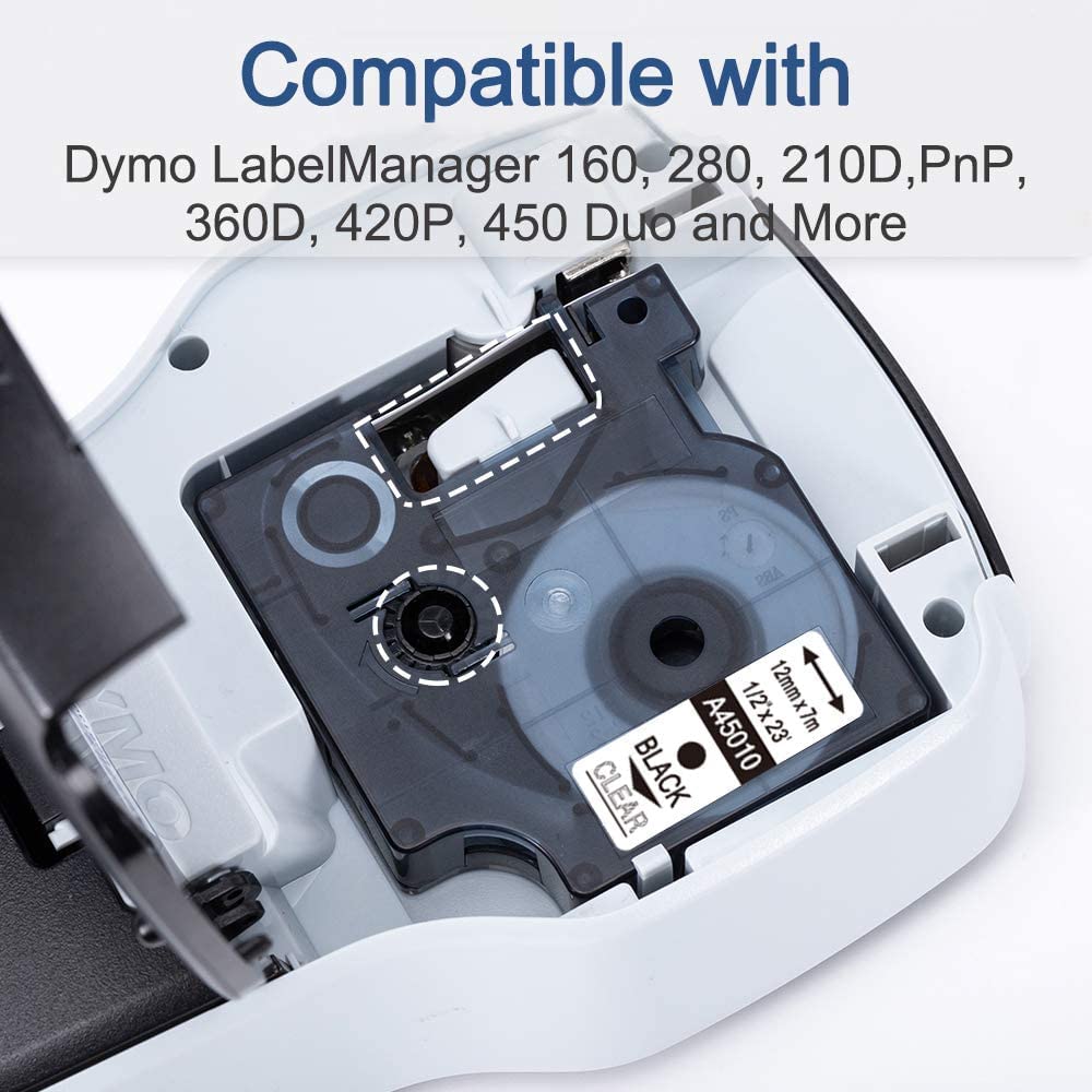 MarkDomain Compatible Label Tape Replacement for DYMO D1 12mm for LabelManager 280 160 PnP 360D 210D Label Maker Tape, 45013 45010 45016 45017 45018 45019, 1/2 Inch x 23 Feet, 6-Pack