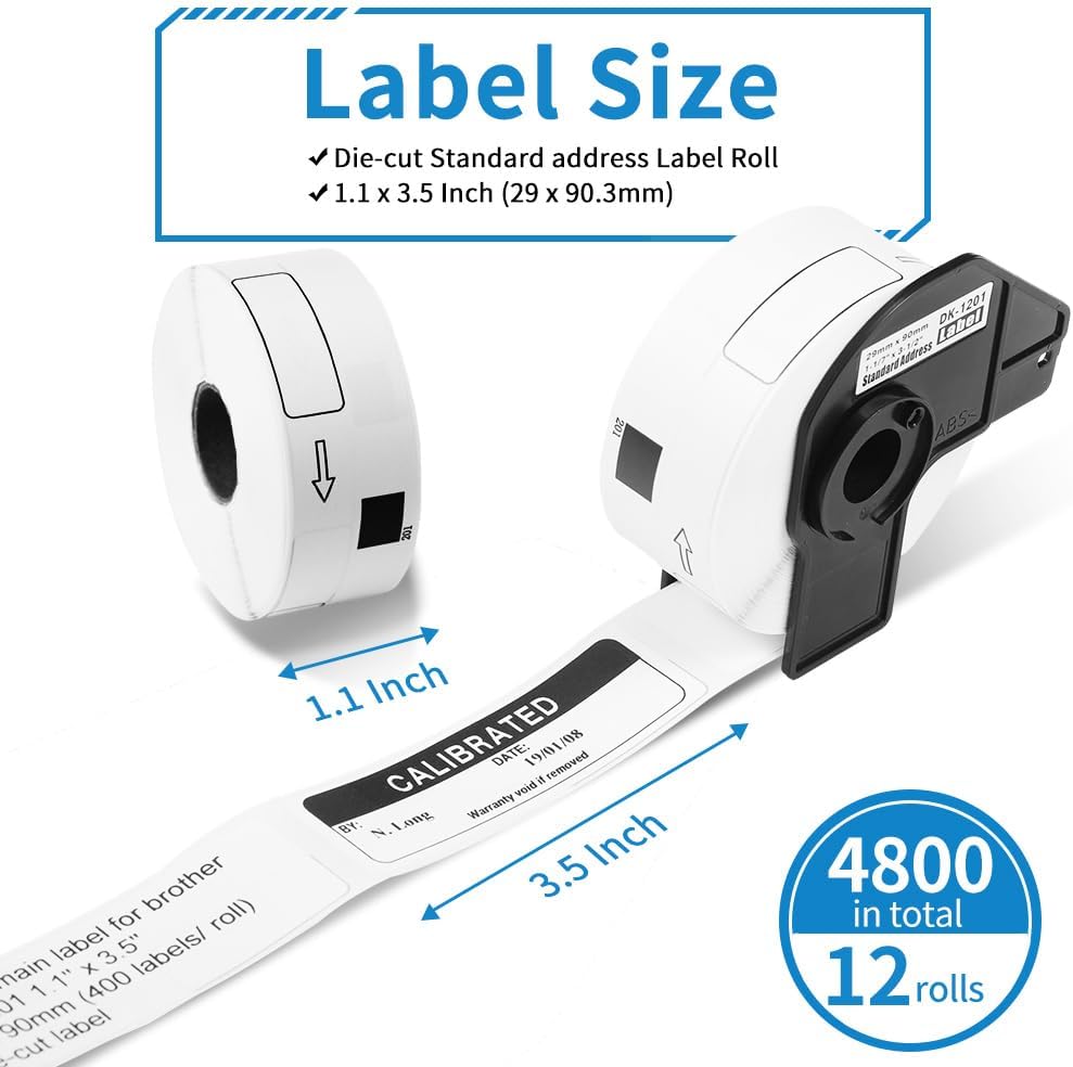 MarkDomain Standard Address Label Compatible DK-1201 (1.1 in x 3.5 in) Die-Cut Barcode Multipopurse Label for Brother Printer QL-700, QL-820NWB, Black on White Paper [12 Rolls 4800 Labels + 1 Frame]