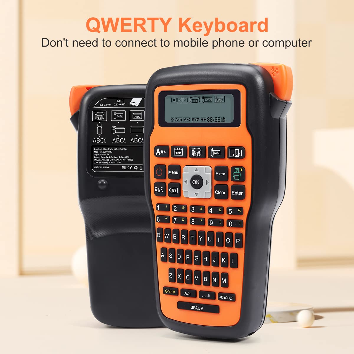 MarkDomain Label Printer, E1000 Label Maker Machine, QWERTY Keyboard, Multiple Symbols, with AC Adapter, Portable Handheld Labeler for Industrial Labeling Jobs, Replace P Touch TZe Label, Orange