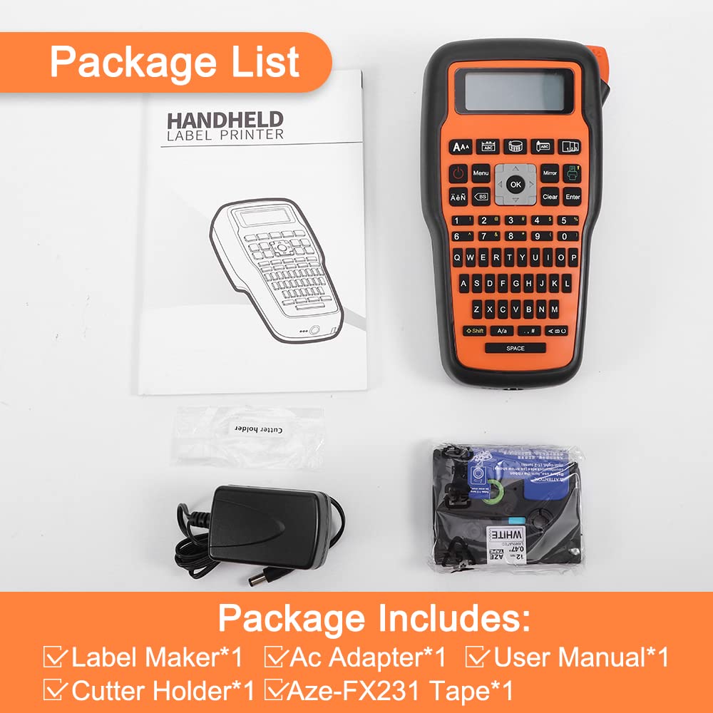 MarkDomain Label Printer, E1000 Label Maker Machine, QWERTY Keyboard, Multiple Symbols, with AC Adapter, Portable Handheld Labeler for Industrial Labeling Jobs, Replace P Touch TZe Label, Orange