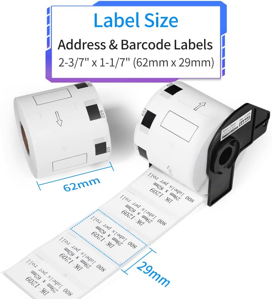 MarkDomain DK-11209 Compatible Small Address Labels Replace for Brother DK 1209 1.1 in x 2.4 in(62mm x 29mm) White Paper Roll, Use with Brother QL-720NW QL-810W QL-820nwb QL-1110NW Printer, 10 Rolls