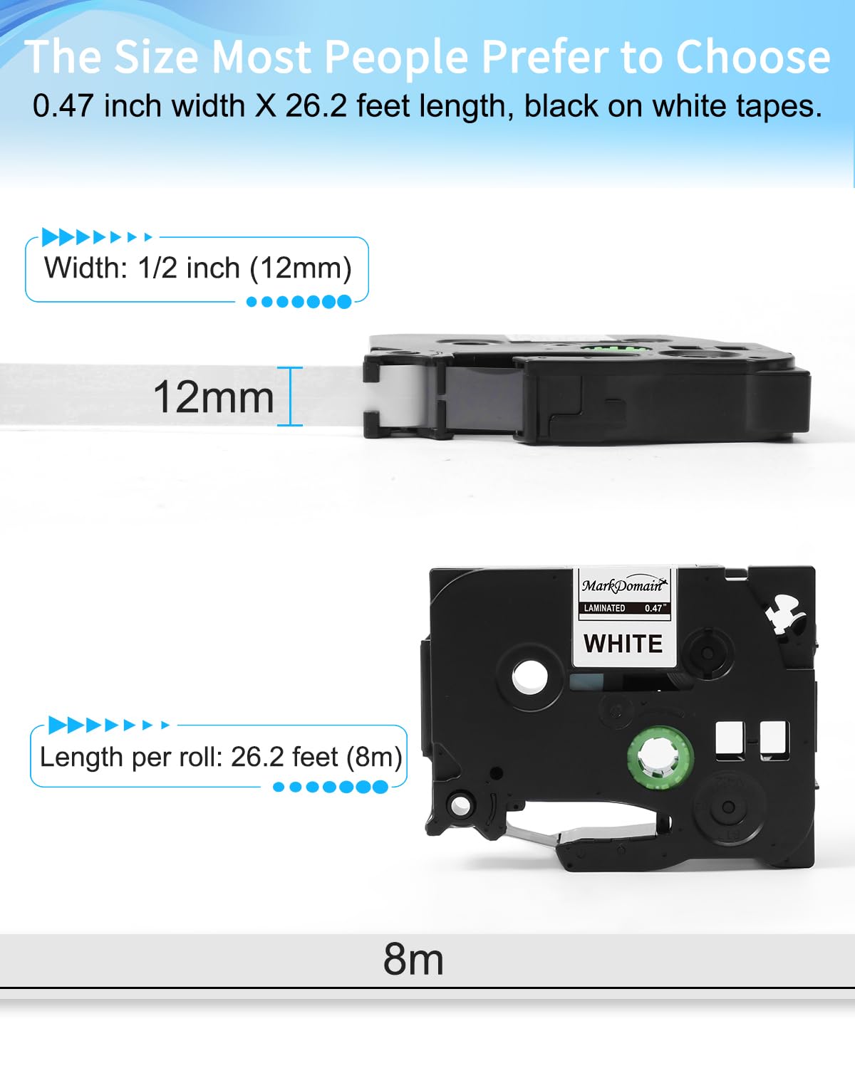 MarkDomain Label Maker Tape, Tze 231 12mm 0.47 inch Laminated White Replace for Brother P Touch Label Maker Refills Compatible with Brother PTD210 PTD220 PTH110 PTD600 PTD400 12mm x 8m, 3-Pack