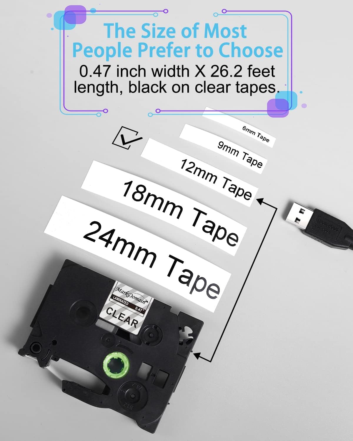 MarkDomain 5-Pack P Touch Label Tape TZe 131 Compatible Brother Label Maker Tape Ptouch TZ-131 Black on Clear Laminated Tape for Brother PT-D210 PT-H110 PT-D600 PT-D200, 0.47'' x 26.2'(12mm x 8m)