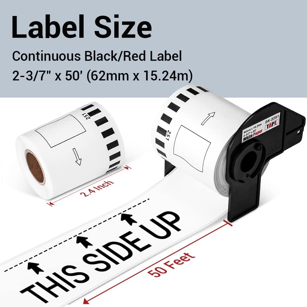 MarkDomain 10 Rolls DK-2251 Continuous Length Black/Red Label on White Paper Tape Compatible Brother DK2251 Replacement Label Roll 2.4” x 50 feet with 1 Frame for QL-800, QL-810W, QL-820NWB Printers