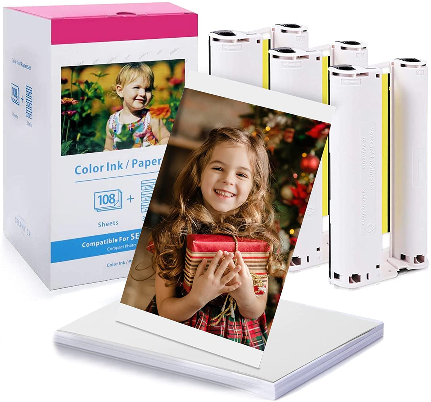 Replacement Canon Selphy CP1300 Paper and Ink, KP-108IN 4x6 Inch Photo Paper for Selphy CP1300 CP1200 CP1000 CP910 CP900 CP800 CP790 Photo Printers, 108 Sheets Photo Paper Set and 3 Color Cartridges