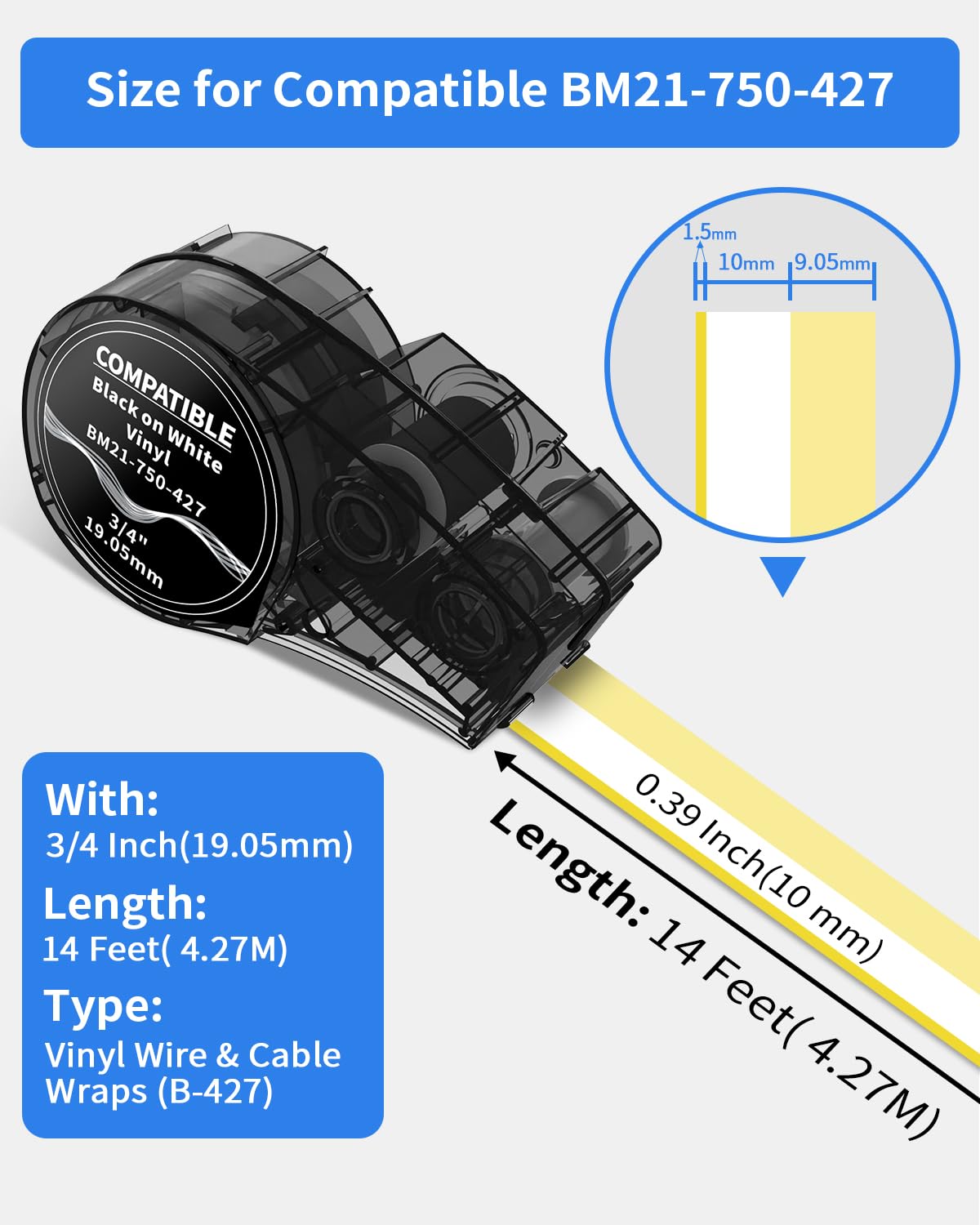 MarkDomain Compatible M21-750-427 Self-Laminating Wire Wrap Labels, Black on White (0.75'' x 14') for Control Electrical Panels, Work with BMP21-PLUS, BMP21-LAB0, M211, M210-LAB Label Printer, 2-Pack