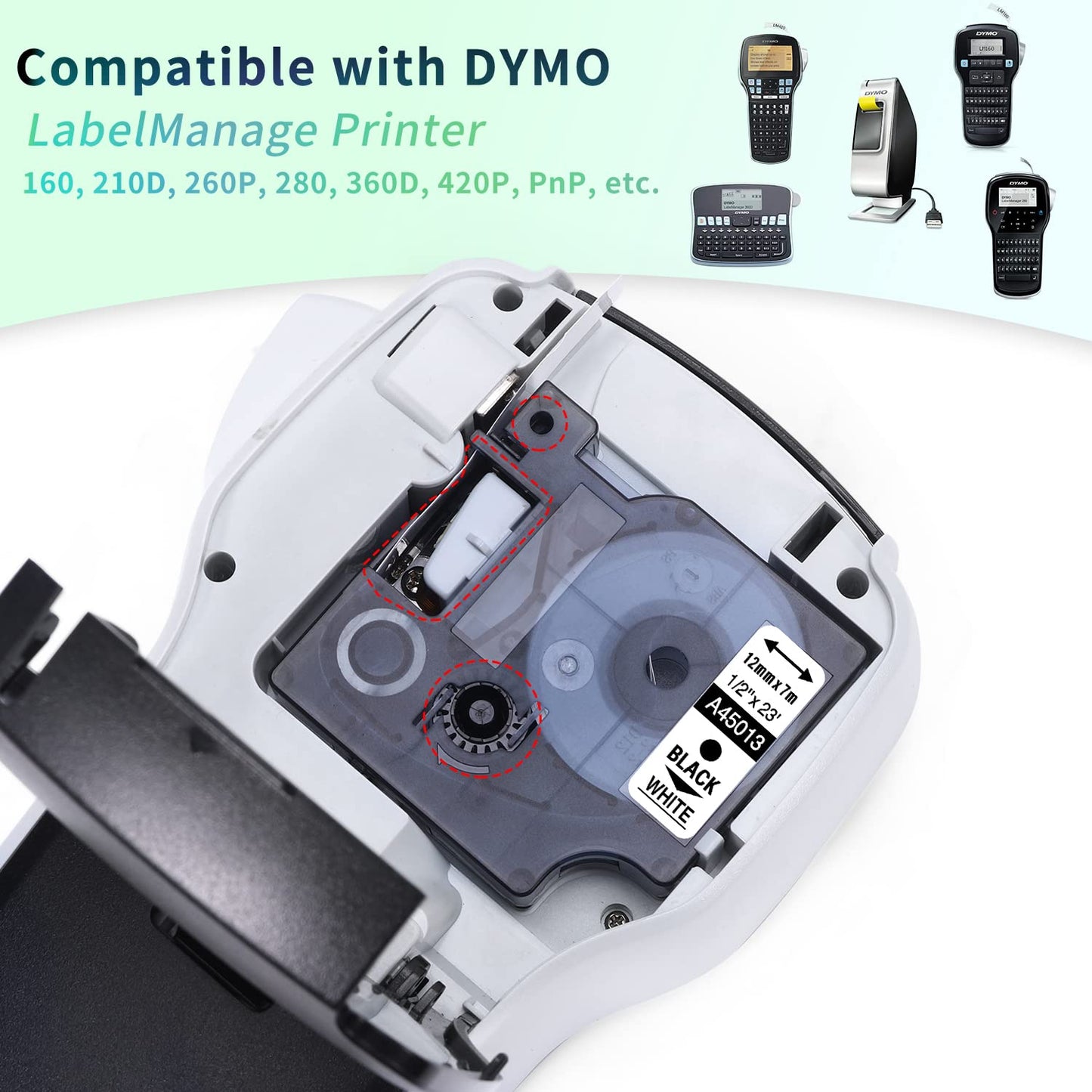 MarkDomain 5-Pack, Compatible Tape Replacement for DYMO D1 Label Tape Refills 45013 S0720530 Black on White Tape Compatible with DYMO LabelManager 160 210D 260P 280 360D 420P Label Makers