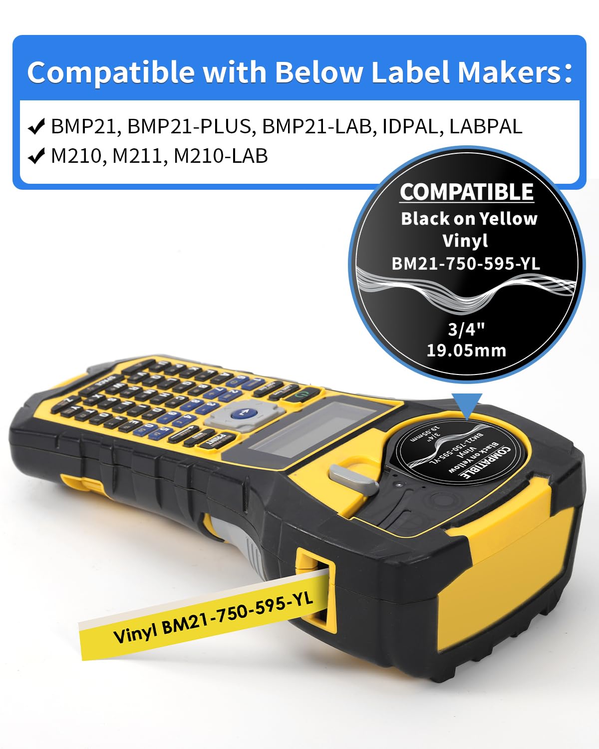 MarkDomain Compatible M21-750-595-YL 0.75'' W 21' L All-Weather Vinyl Label for Indoor/Outdoor, Black on Yellow, Work with BMP21-PLUS, BMP21-LAB0, M210, M211, M210-LAB Label Printer, 2-Pack