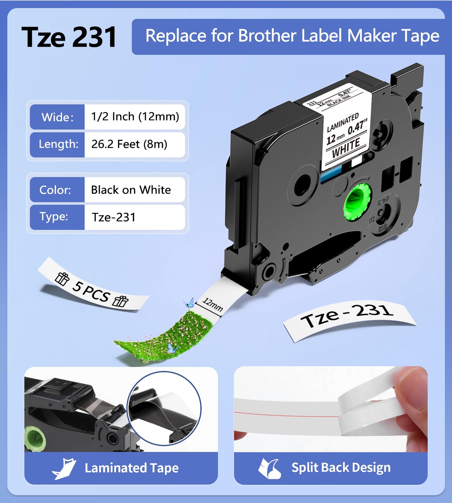 MarkDomain TZe-231 P Touch Label Tape, 12mm 0.47 Inch Laminated White Tape Replacement for Brother Label Maker Tape Refills TZe231 TZe TZ Tape, Work with PTH-110 D220 D210, Black on White, 5-Pack