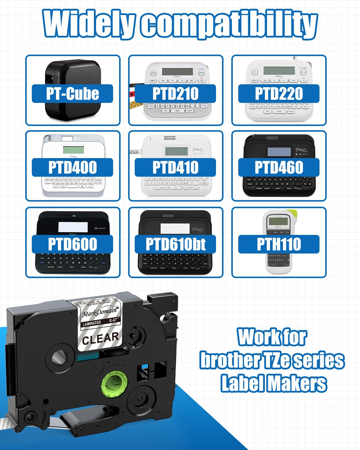 MarkDomain Label Maker Tape Clear TZe-131 Compatible with Brother TZ-131 Laminated P Touch Label Tape 12mm 0.47 Inch Black on Clear Tape, Work with Brother PT-D210 H110 D220 D410 D600, 4-Pack