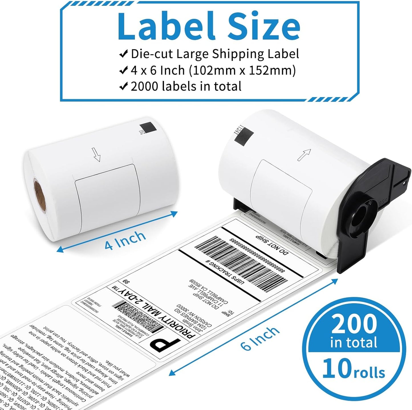 MarkDomain Replace for Brother DK-1241 (4" x 6") Die-Cut Shipping Labels Use with Brother QL-1100NWB QL-1100 Label Printer, (102mm x 152mm) 200 per roll, 10 Rolls (2000 Labels) + 1 Frame