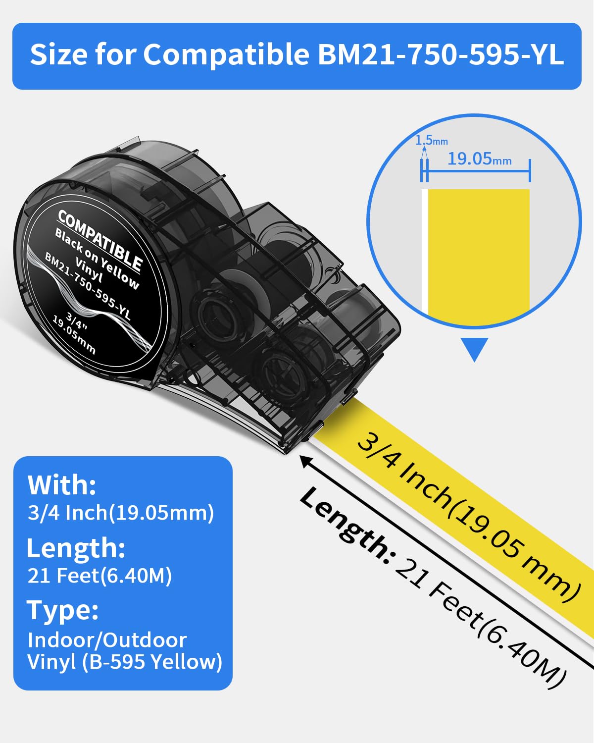 MarkDomain Compatible M21-750-595-YL 0.75'' W 21' L All-Weather Vinyl Label for Indoor/Outdoor, Black on Yellow, Work with BMP21-PLUS, BMP21-LAB0, M210, M211, M210-LAB Label Printer, 2-Pack