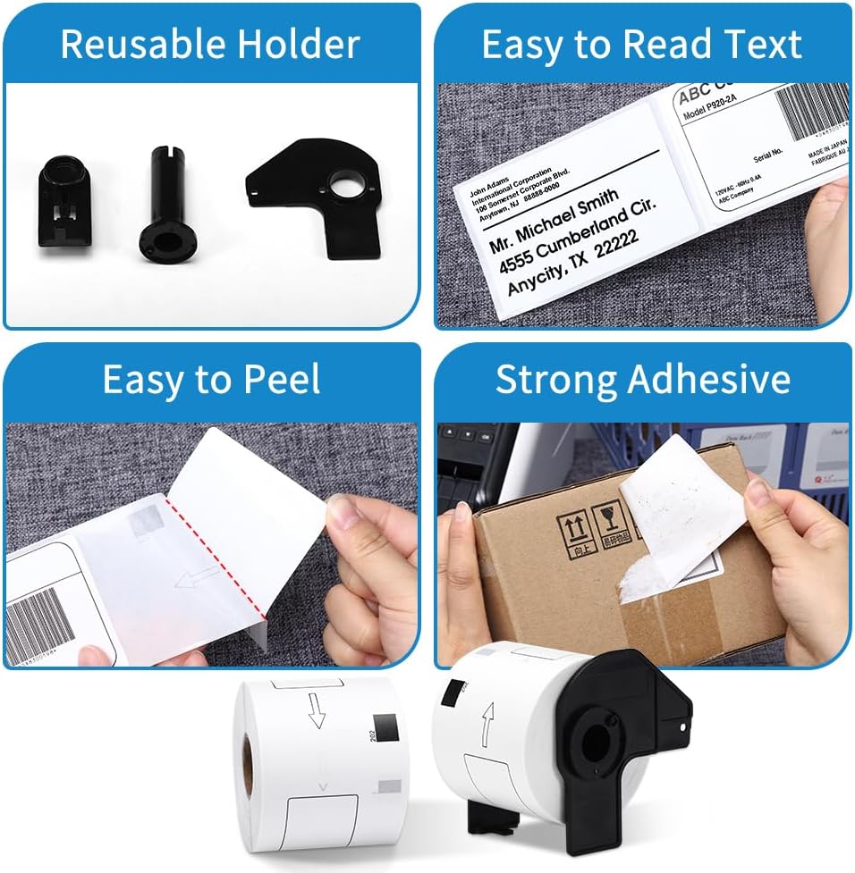 MarkDomain Label Replace for Brother DK-1202 Shipping Label Roll, 2.4” x 3.9” (62mm x 100mm), 300/ roll Die-Cut Address Label, Use with Printer QL-800 QL-700, 4 Rolls + 1 Frame