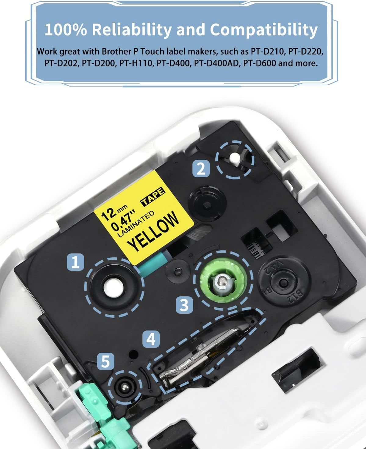 MarkDomain Replacement for Brother TZe TZ Tape Black on Yellow TZe-631 TZe631 12mm 0.47 Inch Laminated P Touch Label Tape for Brother P Touch PTD220 PTD210 PTH110 PTD600 Label Makers, 5-Pack