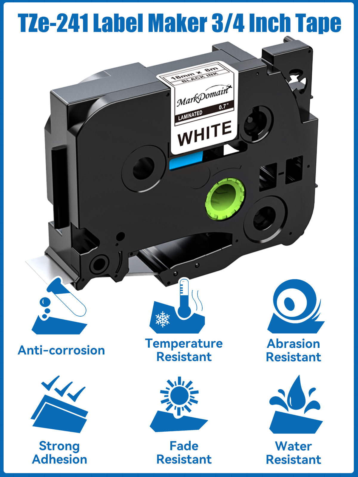 MarkDomain 18mm Label Tape TZe-241 Replacement for Brother P Touch TZe TZ Tape 18mm 0.7 Laminated White TZe241 for Ptouch PT-D400 PT-D600 PT-D410 PT-D610BT PTD460BT Label Maker, 3/4 Inch, 4-Pack