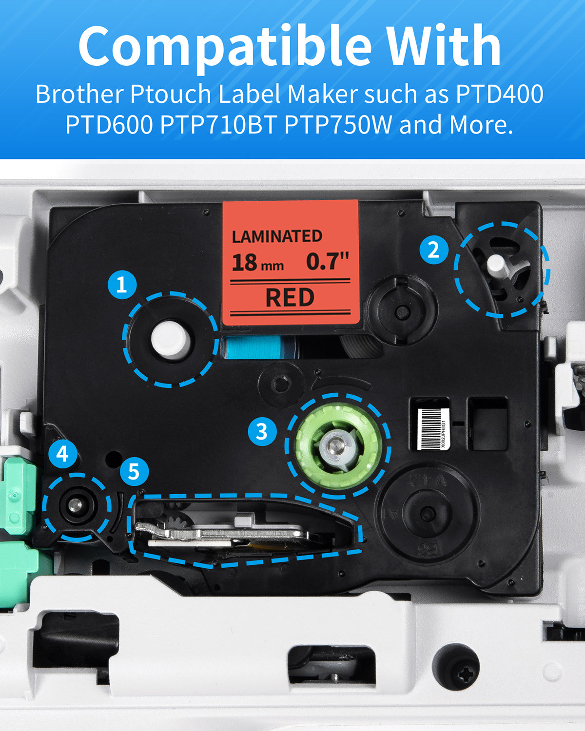 MarkDomain TZe441 Compatible Brother P Touch Laminated TZe TZ Tape 18mm x 8m (TZe-441 Black on Red) - Work with PTD400AD PTD400 PTD600 PT1880 PT2730 Label Maker - 5-Pack