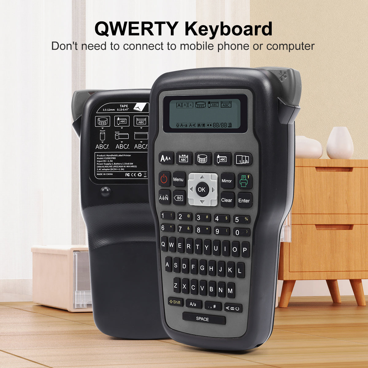 Label Maker - E1000 Handheld Laminated Label Maker Printer with Tape, QWERTY Keyboard with Label, Easy to Use with Multiple Symbols, Labeler for Office/Home/School/Industrial Organization, Black