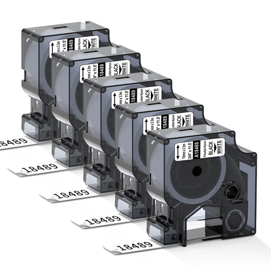 MarkDomain 18489 a18489 Flexible Nylon Labels Replacement for DYMO Rhino 19mm Black on White Flexible Nylon Label Tape for DYMO Rhino 4200, 5200, 5000, 6000 Label Makers, 3/4'' x 11.5', 5-Pack