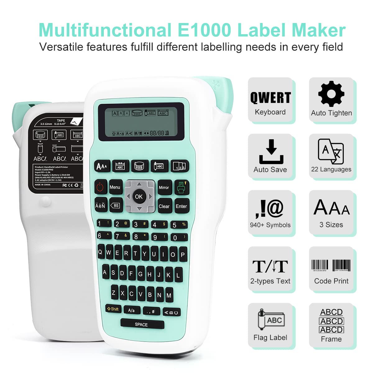 MarkDomain Handheld Label Maker - Portable Label Printer with Keyboard, E1000 Labeler with Laminated JM-231 Label Tape, Multiple Symbols for Home Office School Organization, Green