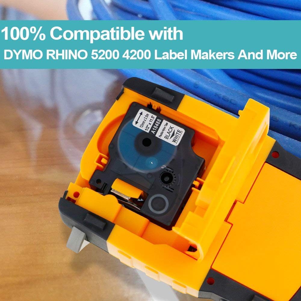 Replacement for Dymo Rhino 18488 a18488 Black on White Flexible Nylon Industrial Label Tape, Work with DYMO Rhino Pro 3000, 4200, 5200, 6000 Label Makers, 1/2'' x 11.5' (12mm x 3.5m), 4-Pack