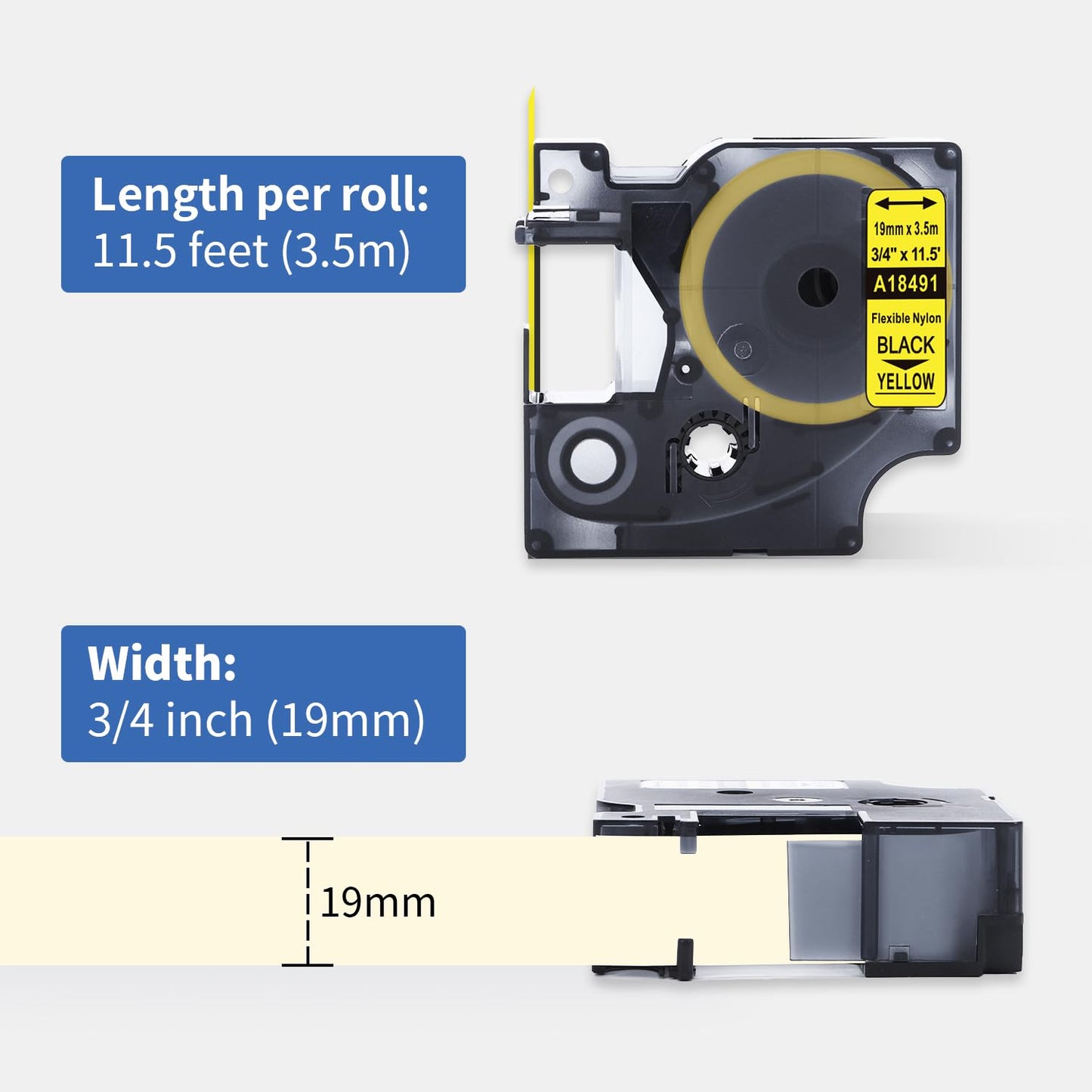 MarkDomain 18491 a18491 Flexible Nylon Labels Replacement for DYMO Rhino 19mm Black on Yellow Flexible Nylon Label Tape for DYMO Rhino 4200, 5200, 5000, 6000 Label Makers, 3/4'' x 11.5', 5-Pack